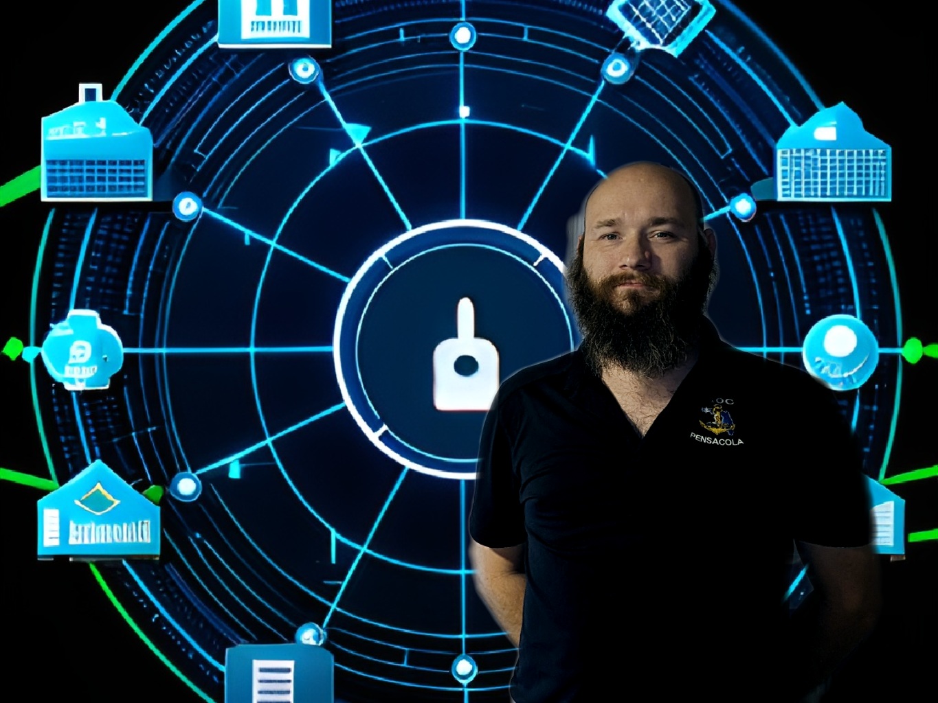 tall bearded bald guy in front a web style display with various icons.